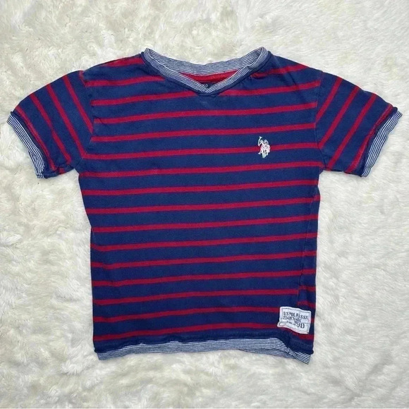 U.S. Polo Association T-Shirt Stripes V-Neck Blue & Red Size 4T - Picture 1 of 16